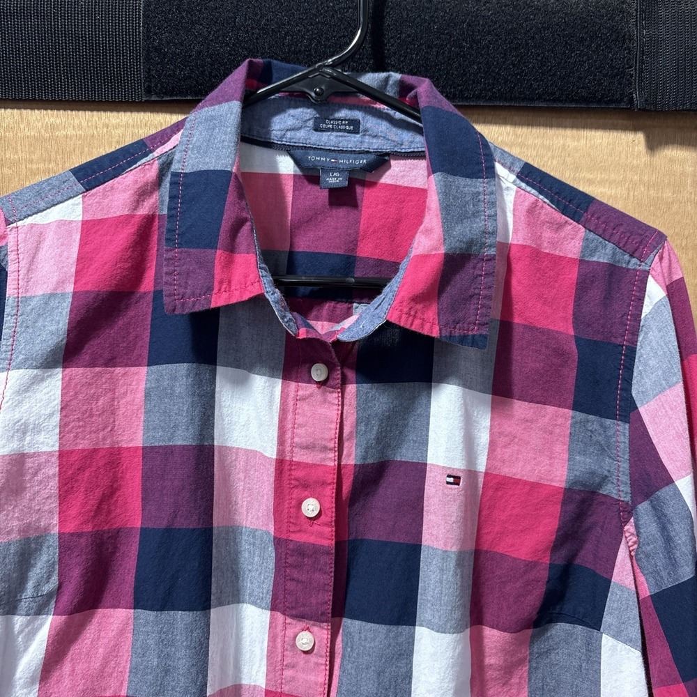 Tommy Hilfiger Women's Long Sleeve Plaid Shirt In Vibrant Pink, Blue & White, L